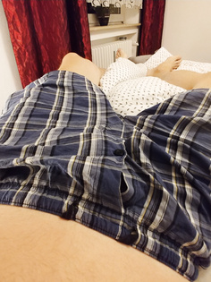 Schwanz in Boxershorts auf dem Bett